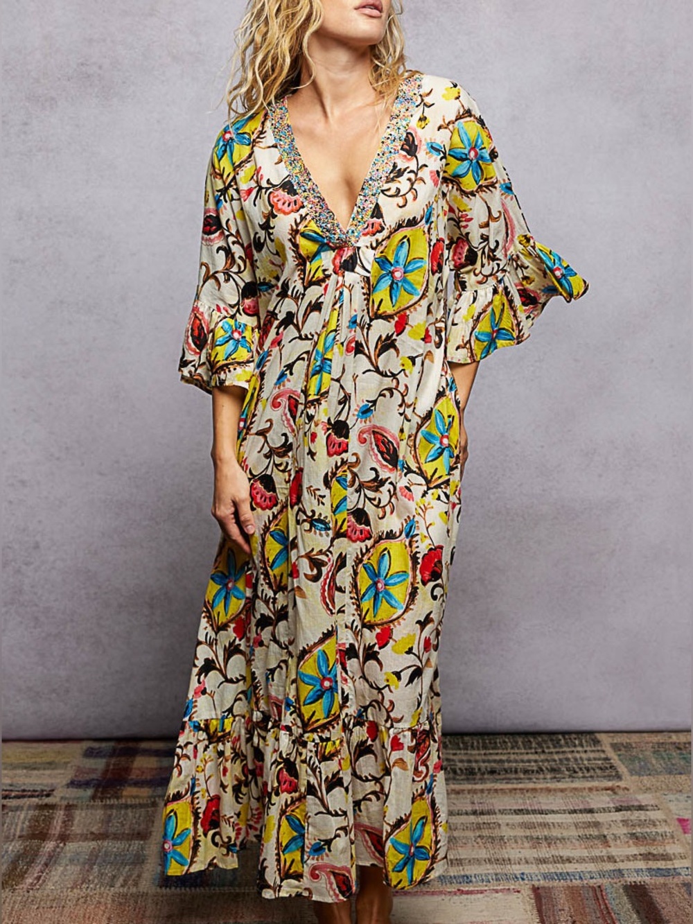 POL Floral Maxi Dress in Cream with Blue & Yellow Accents
